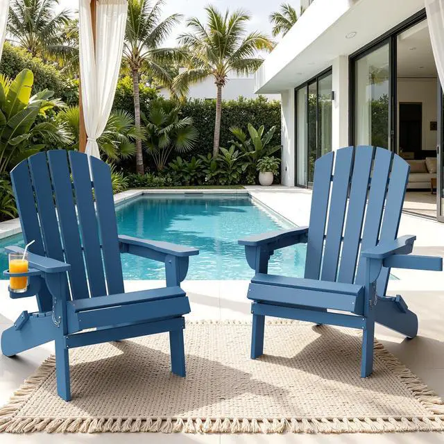Alt view image 3 of 7 - Folding Adirondack Chair Set of 2, Outdoor HDPE Fire Pit Chair, All-Weather Plastic Adirondack Chair with Cup Holder for Patio, Poolside, Deck, Garden, Navy Blue