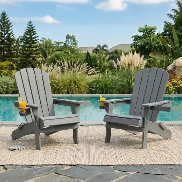 Main image of Folding Adirondack Chair Set of 2, Outdoor HDPE Fire Pit Chair, All-Weather Plastic Adirondack Chair with Cup Holder for Patio, Poolside, Deck, Garden, Dark Grey