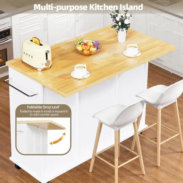 Alt view image 5 of 7 - JY QAQA 42" Kitchen Island with Storage on Wheels, Rolling Table with Drop Leaf, Drawers, Cart Handle for Towel Rack or Free Movement, White