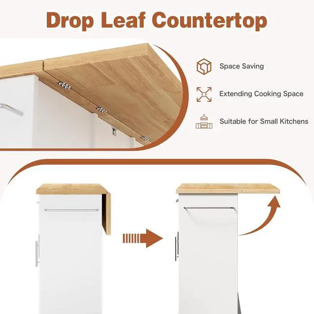 Alt view image 6 of 7 - JY QAQA 42" Kitchen Island with Storage on Wheels, Rolling Table with Drop Leaf, Drawers, Cart Handle for Towel Rack or Free Movement, White
