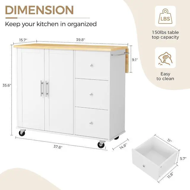 Alt view image 2 of 7 - QAQA 40" Kitchen Island Cart Furniture cart on Wheels Rolling Portable Dining Room Serving Utility Carts Mobile Movable with Drawers Cabinet,White