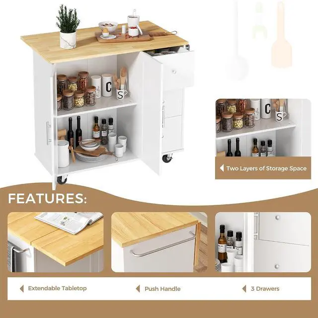 Alt view image 3 of 7 - QAQA 40" Kitchen Island Cart Furniture cart on Wheels Rolling Portable Dining Room Serving Utility Carts Mobile Movable with Drawers Cabinet,White
