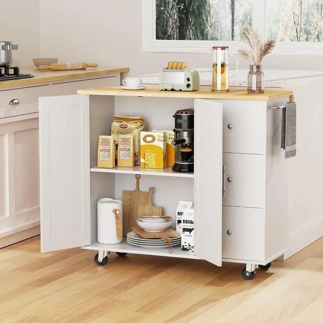 Main image of QAQA 40" Kitchen Island Cart Furniture cart on Wheels Rolling Portable Dining Room Serving Utility Carts Mobile Movable with Drawers Cabinet,White