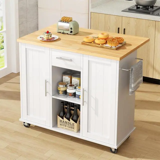Alt view image 7 of 7 - JY QAQA 42" Kitchen Island with Storage on Wheels, Rolling Table with Drop Leaf, Drawers, Cart Handle for Towel Rack or Free Movement, White