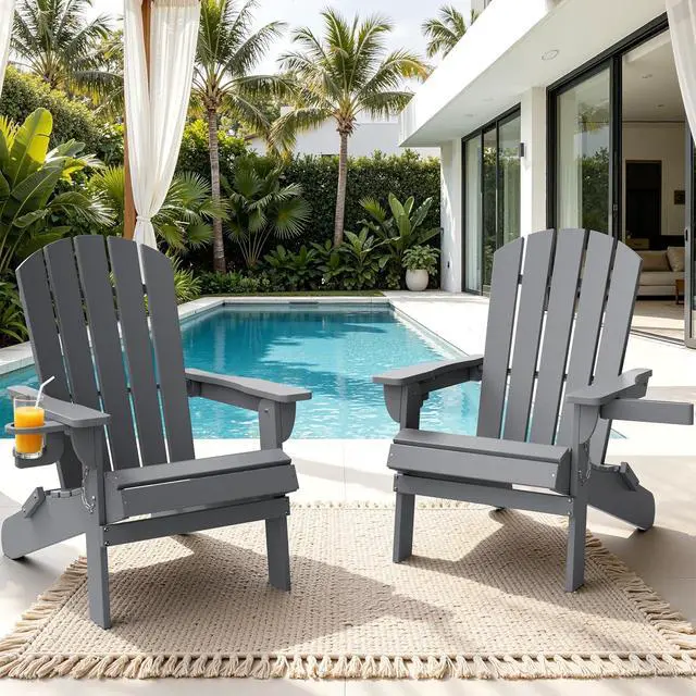 Alt view image 3 of 7 - Folding Adirondack Chair Set of 2, Outdoor HDPE Fire Pit Chair, All-Weather Plastic Adirondack Chair with Cup Holder for Patio, Poolside, Deck, Garden, Dark Grey
