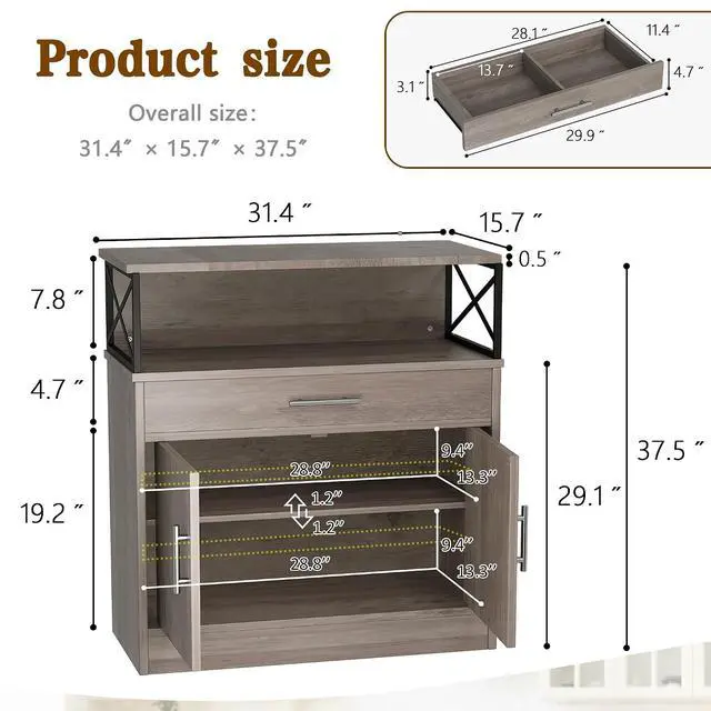 Alt view image 3 of 7 - Farmhouse Coffee Bar Cabinet, Modern Sideboard Buffet Table with Adjustable Shelf, Storage Cabinet for Kitchen, Dining Room, Ash Grey