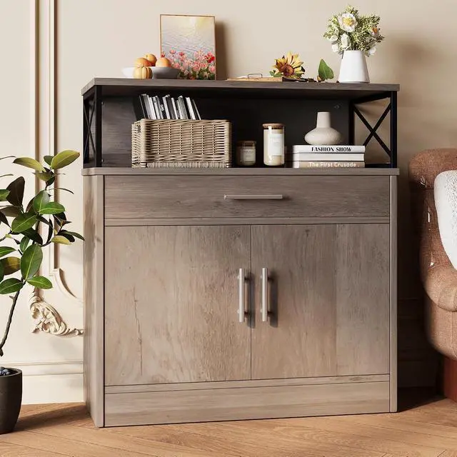 Alt view image 2 of 7 - Farmhouse Coffee Bar Cabinet, Modern Sideboard Buffet Table with Adjustable Shelf, Storage Cabinet for Kitchen, Dining Room, Ash Grey