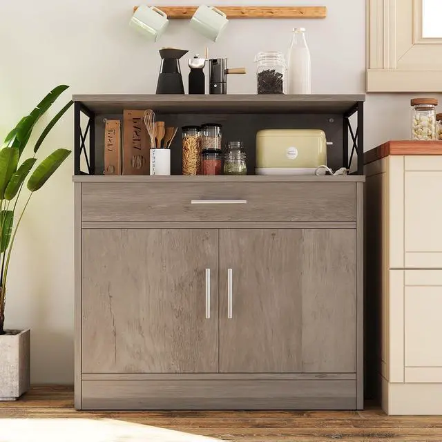 Alt view image 4 of 7 - Farmhouse Coffee Bar Cabinet, Modern Sideboard Buffet Table with Adjustable Shelf, Storage Cabinet for Kitchen, Dining Room, Ash Grey