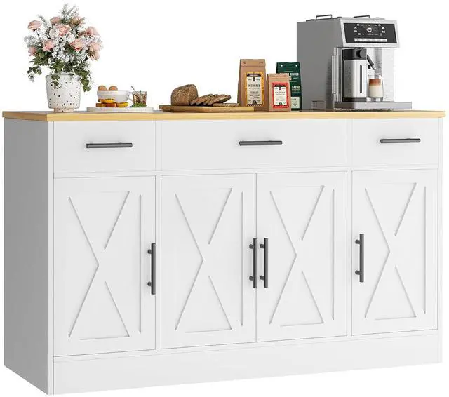 Main image of Buffet Cabinet with Storage, Farmhouse Coffee Bar Cabinet with Drawers, 53 Large Modern Sideboard Buffet with Adjustable Shelves for Kitchen, Dining Room, White
