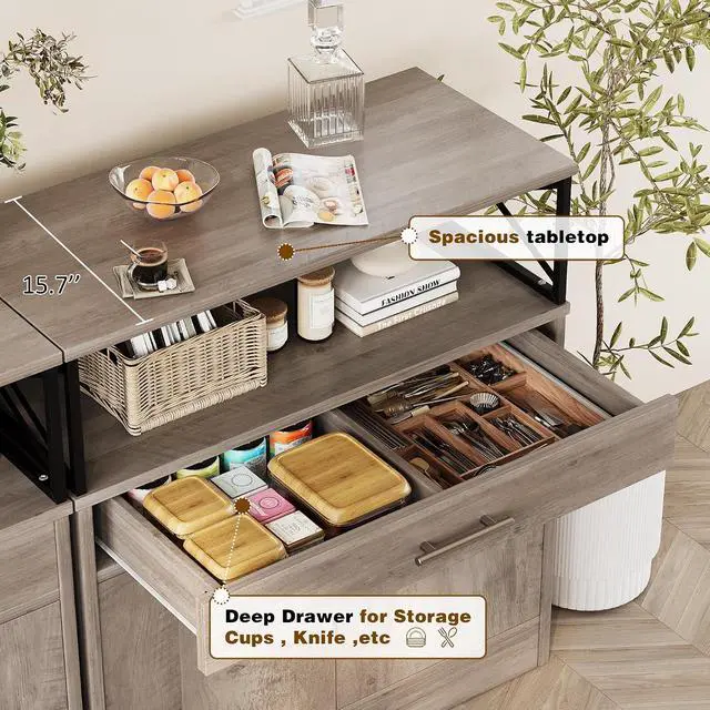 Alt view image 6 of 7 - Farmhouse Coffee Bar Cabinet, Modern Sideboard Buffet Table with Adjustable Shelf, Storage Cabinet for Kitchen, Dining Room, Ash Grey