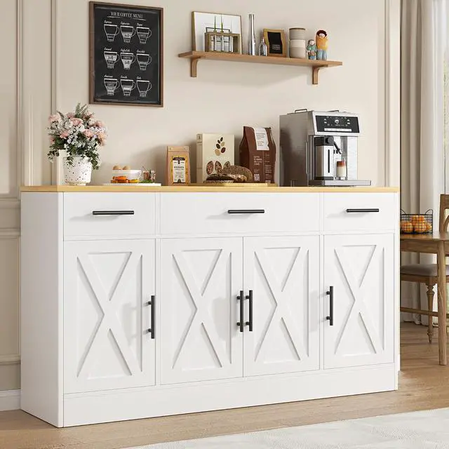 Alt view image 2 of 7 - Buffet Cabinet with Storage, Farmhouse Coffee Bar Cabinet with Drawers, 53 Large Modern Sideboard Buffet with Adjustable Shelves for Kitchen, Dining Room, White