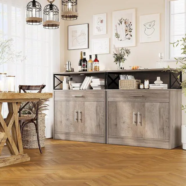 Alt view image 7 of 7 - Farmhouse Coffee Bar Cabinet, Modern Sideboard Buffet Table with Adjustable Shelf, Storage Cabinet for Kitchen, Dining Room, Ash Grey