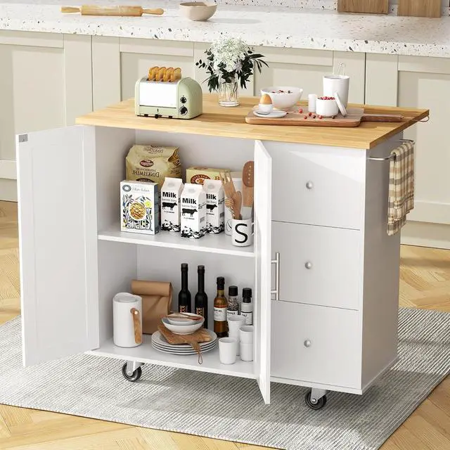 Alt view image 7 of 7 - QAQA 40" Kitchen Island Cart Furniture cart on Wheels Rolling Portable Dining Room Serving Utility Carts Mobile Movable with Drawers Cabinet,White
