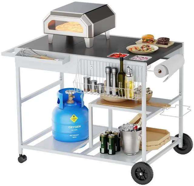 Main image of Pizza Oven Cart with Topping Station, Outdoor Grill Table Kitchen Island with Storage for Ninja Woodfire Blackstone Griddle Cuisinart etc Grill, Silver