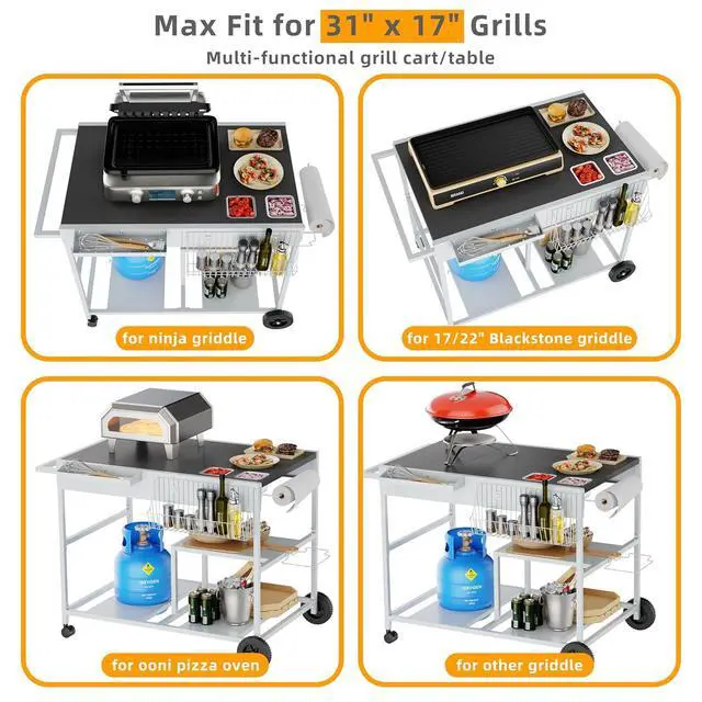 Alt view image 4 of 7 - Pizza Oven Cart with Topping Station, Outdoor Grill Table Kitchen Island with Storage for Ninja Woodfire Blackstone Griddle Cuisinart etc Grill, Silver