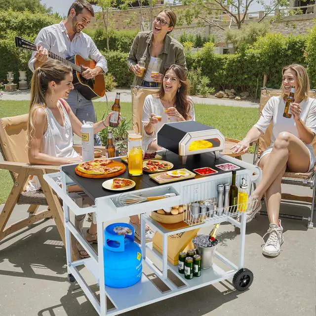 Alt view image 2 of 7 - Pizza Oven Cart with Topping Station, Outdoor Grill Table Kitchen Island with Storage for Ninja Woodfire Blackstone Griddle Cuisinart etc Grill, Silver