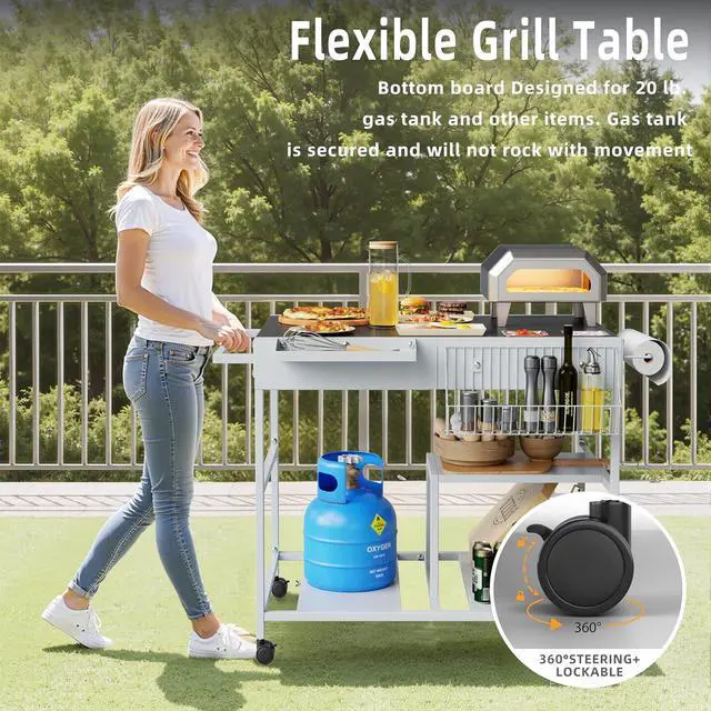 Alt view image 6 of 7 - Pizza Oven Cart with Topping Station, Outdoor Grill Table Kitchen Island with Storage for Ninja Woodfire Blackstone Griddle Cuisinart etc Grill, Silver