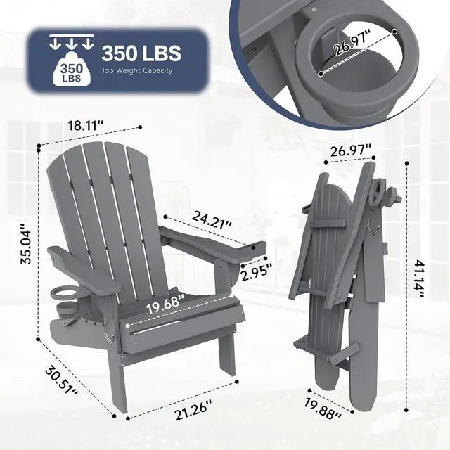 Alt view image 2 of 7 - Folding Adirondack Chair Set of 2, Outdoor HDPE Fire Pit Chair, All-Weather Plastic Adirondack Chair with Cup Holder for Patio, Poolside, Deck, Garden, Dark Grey