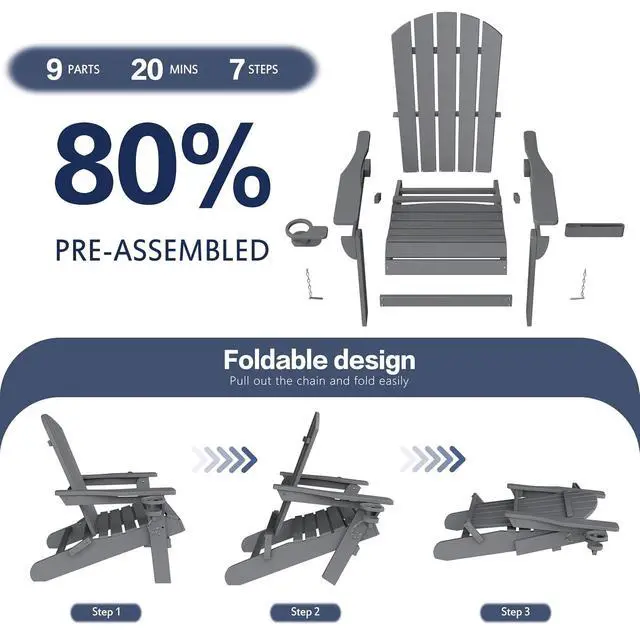 Alt view image 4 of 7 - Folding Adirondack Chair Set of 2, Outdoor HDPE Fire Pit Chair, All-Weather Plastic Adirondack Chair with Cup Holder for Patio, Poolside, Deck, Garden, Dark Grey