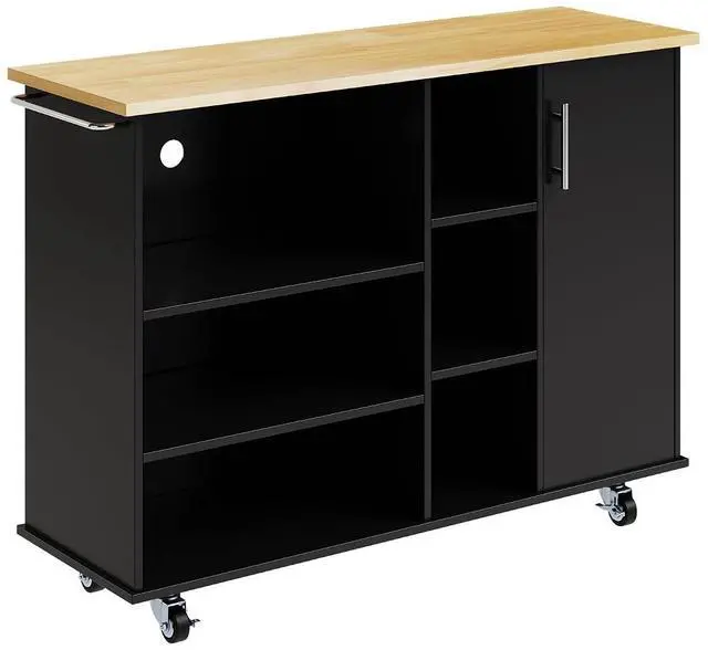 Main image of Kitchen Island on Wheels with 6 Open Shelves and 1 Storage Cabinet(Black)
