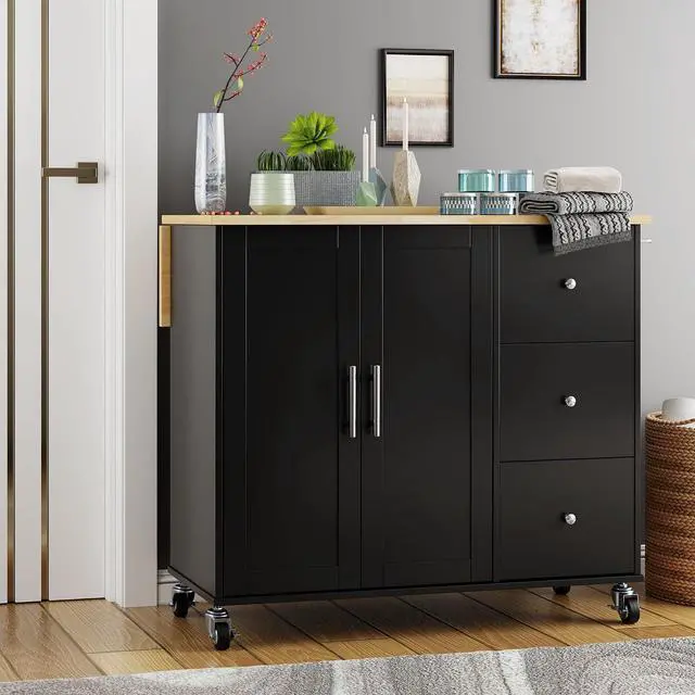 Main image of Kitchen Island on Wheels with Storage Cabinet & 3 Drawers, 39.7" Width Rolling Kitchen Table, Cart Handle for Towel Rack or Free Mobility, Drop Leaf, Portable Islands for Kitchen(Black)