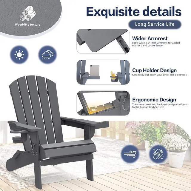 Alt view image 7 of 7 - Folding Adirondack Chair Set of 2, Outdoor HDPE Fire Pit Chair, All-Weather Plastic Adirondack Chair with Cup Holder for Patio, Poolside, Deck, Garden, Dark Grey