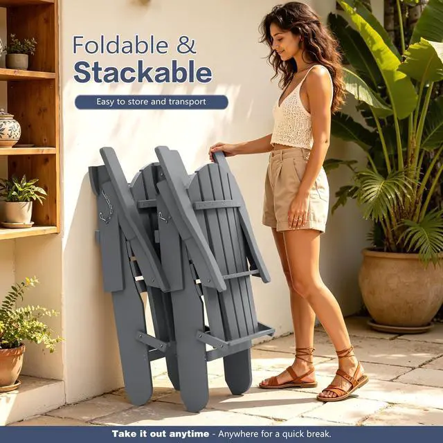Alt view image 6 of 7 - Folding Adirondack Chair Set of 2, Outdoor HDPE Fire Pit Chair, All-Weather Plastic Adirondack Chair with Cup Holder for Patio, Poolside, Deck, Garden, Dark Grey