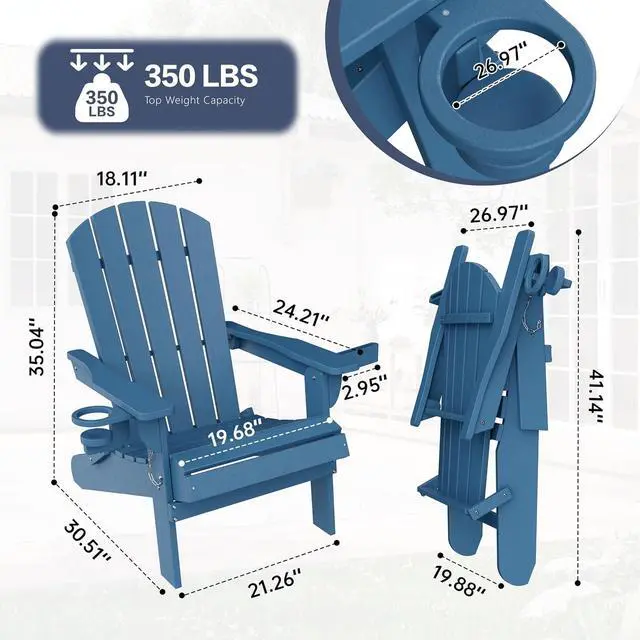 Alt view image 2 of 7 - Folding Adirondack Chair Set of 2, Outdoor HDPE Fire Pit Chair, All-Weather Plastic Adirondack Chair with Cup Holder for Patio, Poolside, Deck, Garden, Navy Blue