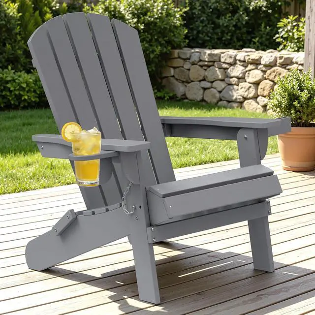 Alt view image 3 of 7 - Folding Adirondack Chair, Outdoor Fire Pit Chair HDPE Plastic Weather Resistant Adirondack Chair with Cup Holder for Patio, Poolside, Deck, Garden, Dark Grey