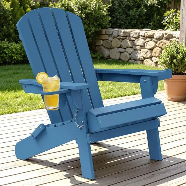 Alt view image 3 of 7 - Folding Adirondack Chair, Outdoor Fire Pit Chair HDPE Plastic Weather Resistant Adirondack Chair with Cup Holder for Patio, Poolside, Deck, Garden, Navy Blue