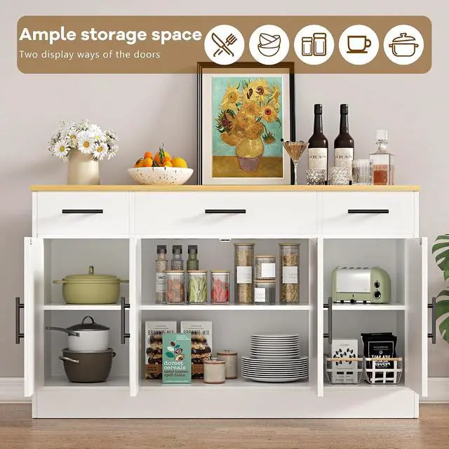Alt view image 6 of 7 - Buffet Cabinet with Storage, Farmhouse Coffee Bar Cabinet with Drawers, 53 Large Modern Sideboard Buffet with Adjustable Shelves for Kitchen, Dining Room, White