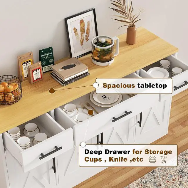 Alt view image 7 of 7 - Buffet Cabinet with Storage, Farmhouse Coffee Bar Cabinet with Drawers, 53 Large Modern Sideboard Buffet with Adjustable Shelves for Kitchen, Dining Room, White