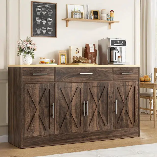 Main image of Buffet Cabinet with Drawers, 53 Large Sideboard Buffet Kitchen Storage Cabinet, Modern Farmhouse Coffee Bar with Shelves and Doors, Wood Buffet Table for Kitchen, Dining Room, Rustic Brown