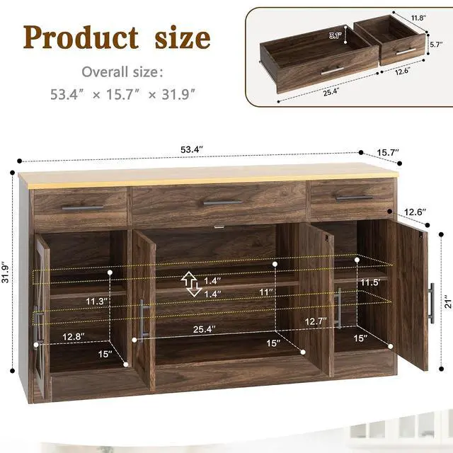 Alt view image 2 of 7 - Buffet Cabinet with Drawers, 53 Large Sideboard Buffet Kitchen Storage Cabinet, Modern Farmhouse Coffee Bar with Shelves and Doors, Wood Buffet Table for Kitchen, Dining Room, Rustic Brown