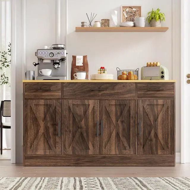 Alt view image 3 of 7 - Buffet Cabinet with Drawers, 53 Large Sideboard Buffet Kitchen Storage Cabinet, Modern Farmhouse Coffee Bar with Shelves and Doors, Wood Buffet Table for Kitchen, Dining Room, Rustic Brown