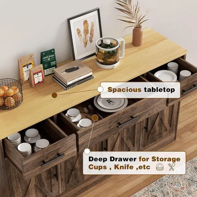 Alt view image 5 of 7 - Buffet Cabinet with Drawers, 53 Large Sideboard Buffet Kitchen Storage Cabinet, Modern Farmhouse Coffee Bar with Shelves and Doors, Wood Buffet Table for Kitchen, Dining Room, Rustic Brown