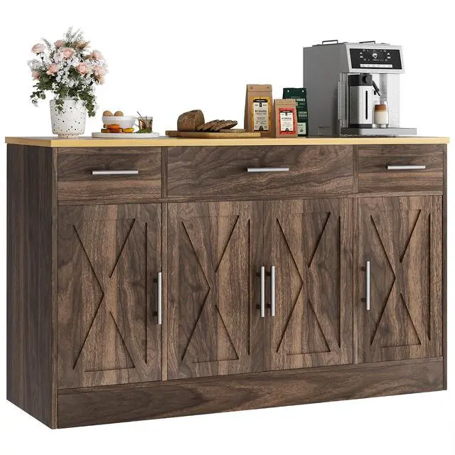 Alt view image 7 of 7 - Buffet Cabinet with Drawers, 53 Large Sideboard Buffet Kitchen Storage Cabinet, Modern Farmhouse Coffee Bar with Shelves and Doors, Wood Buffet Table for Kitchen, Dining Room, Rustic Brown