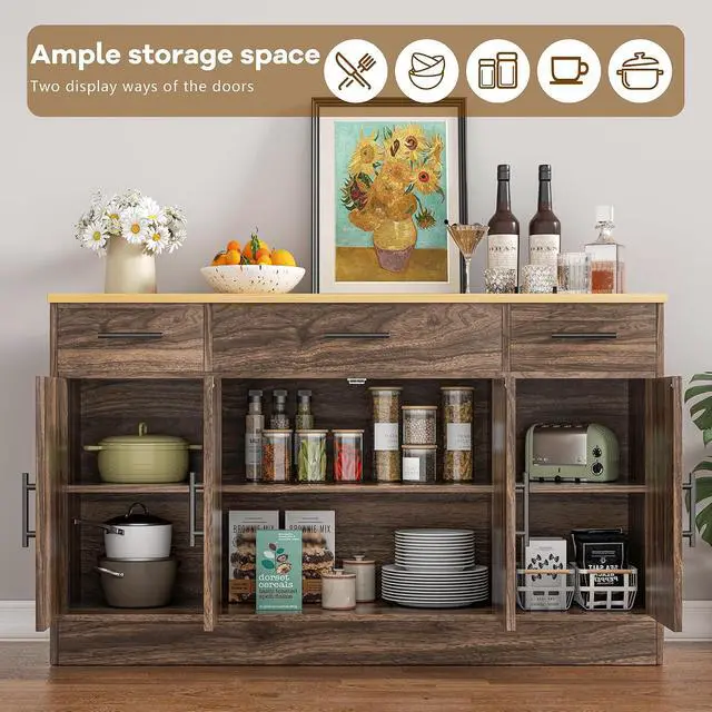 Alt view image 6 of 7 - Buffet Cabinet with Drawers, 53 Large Sideboard Buffet Kitchen Storage Cabinet, Modern Farmhouse Coffee Bar with Shelves and Doors, Wood Buffet Table for Kitchen, Dining Room, Rustic Brown