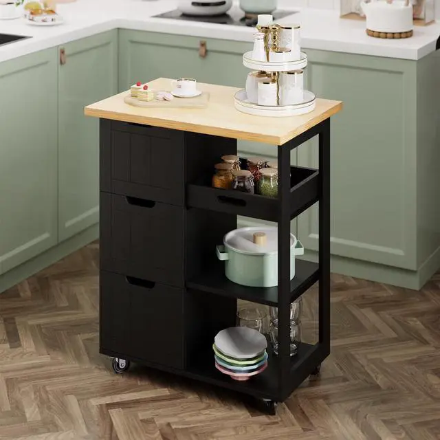 Main image of Kitchen Island Rolling Cart with Storage Cabinet, Utility Cart on Lockable Wheels with 3 Drawers, Open Shelves & Towel Handle for Kitchen, Living Rooms, Bars(Black)