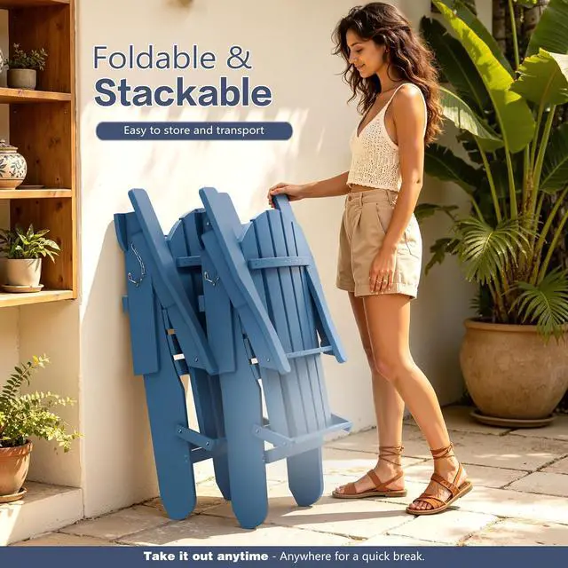 Alt view image 5 of 7 - Folding Adirondack Chair Set of 2, Outdoor HDPE Fire Pit Chair, All-Weather Plastic Adirondack Chair with Cup Holder for Patio, Poolside, Deck, Garden, Navy Blue