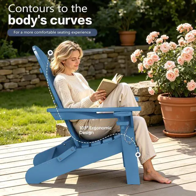 Alt view image 6 of 7 - Folding Adirondack Chair Set of 2, Outdoor HDPE Fire Pit Chair, All-Weather Plastic Adirondack Chair with Cup Holder for Patio, Poolside, Deck, Garden, Navy Blue