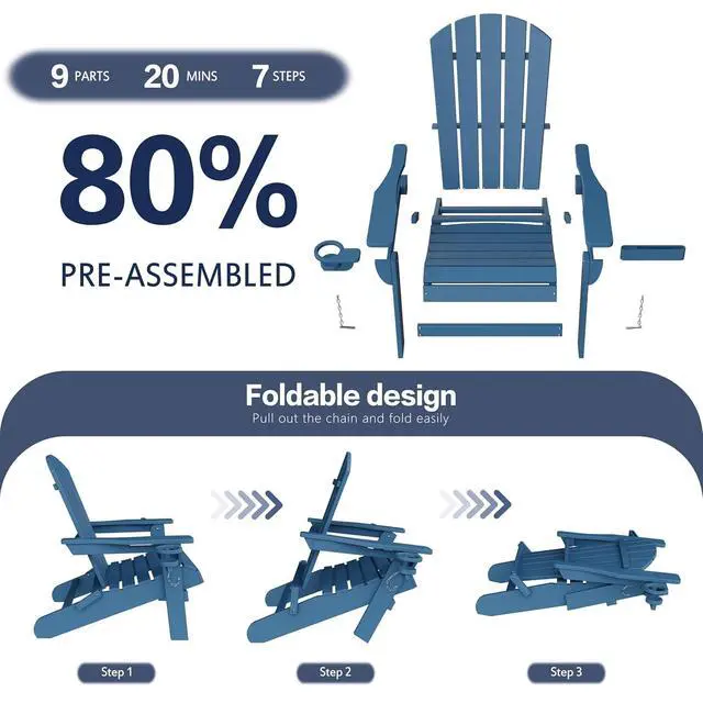 Alt view image 4 of 7 - Folding Adirondack Chair Set of 2, Outdoor HDPE Fire Pit Chair, All-Weather Plastic Adirondack Chair with Cup Holder for Patio, Poolside, Deck, Garden, Navy Blue