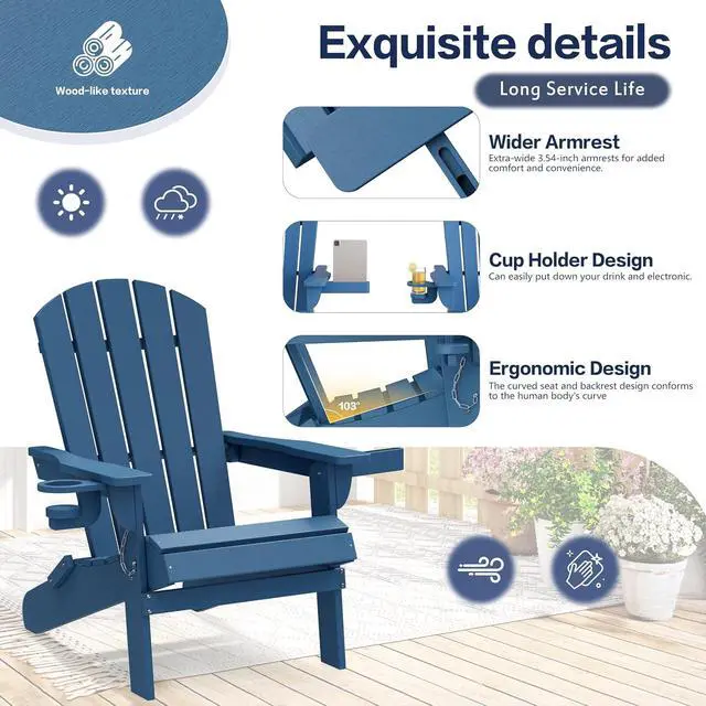 Alt view image 7 of 7 - Folding Adirondack Chair Set of 2, Outdoor HDPE Fire Pit Chair, All-Weather Plastic Adirondack Chair with Cup Holder for Patio, Poolside, Deck, Garden, Navy Blue