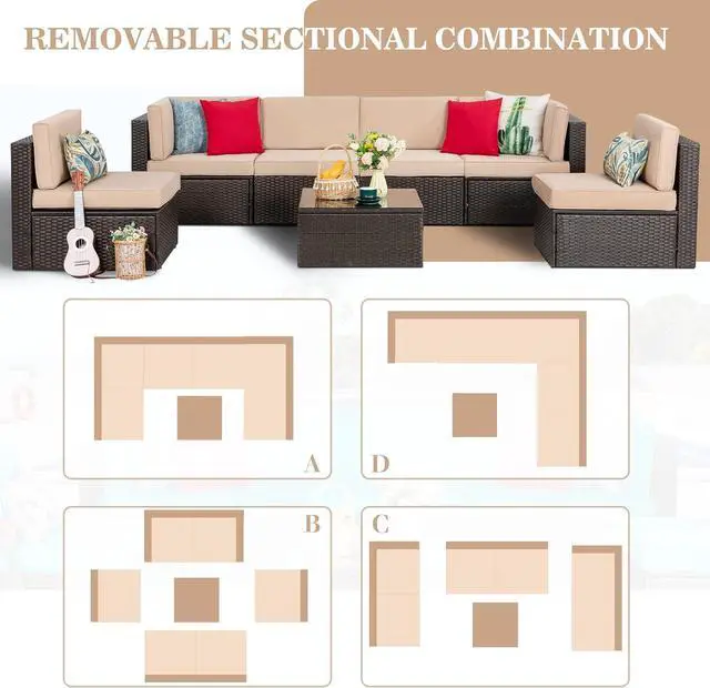 Alt view image 4 of 7 - 7 Pieces Patio Furniture Sets, Outdoor Patio Conversation Set PE Rattan Wicker Sectional Sofa Couch with Glass Coffee Table for Garden, Poolside, Backyard, Beige