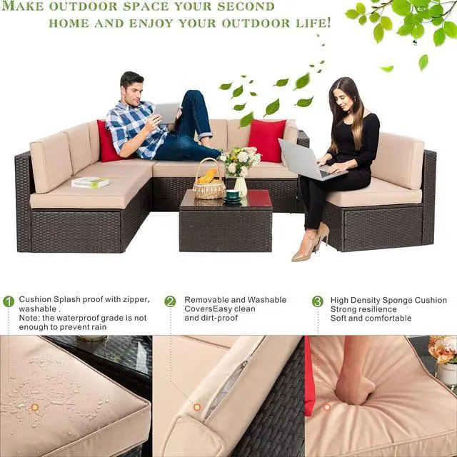 Alt view image 5 of 7 - 7 Pieces Patio Furniture Sets, Outdoor Patio Conversation Set PE Rattan Wicker Sectional Sofa Couch with Glass Coffee Table for Garden, Poolside, Backyard, Beige