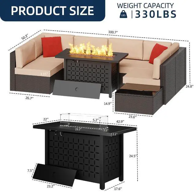 Alt view image 3 of 7 - 8 Piece Patio Furniture Set with Propane Fire Pit, Outdoor Conversation Sets Wicker Sectional Sofa with Coffee Table, 43 Gas Gas Firepit Table 50,000 BTU for Outside, Patio, Beige
