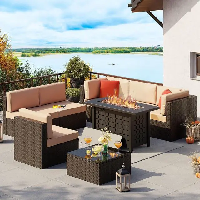 Main image of 8 Piece Patio Furniture Set with Propane Fire Pit, Outdoor Conversation Sets Wicker Sectional Sofa with Coffee Table, 43 Gas Gas Firepit Table 50,000 BTU for Outside, Patio, Beige