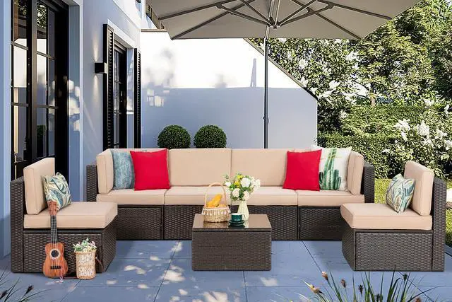 Alt view image 2 of 7 - 7 Pieces Patio Furniture Sets, Outdoor Patio Conversation Set PE Rattan Wicker Sectional Sofa Couch with Glass Coffee Table for Garden, Poolside, Backyard, Beige