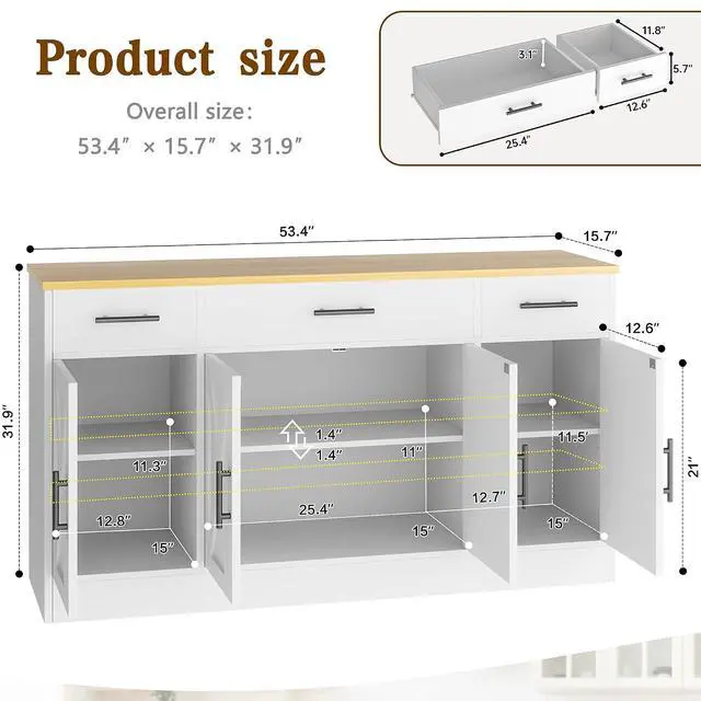 Alt view image 3 of 7 - Buffet Cabinet with Storage, Farmhouse Coffee Bar Cabinet with Drawers, 53 Large Modern Sideboard Buffet with Adjustable Shelves for Kitchen, Dining Room, White