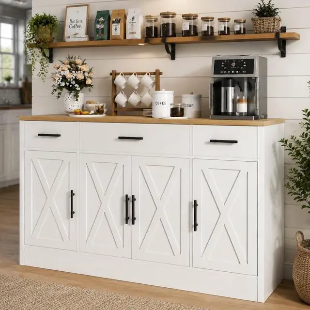 Main image of Large Coffee Bar Cabinet with Storage, 53 Farmhouse Kitchen Storage Cabinet with 4 Doors and 3 Drawers, Wood Buffet Table for Kitchen, Dining Room, White